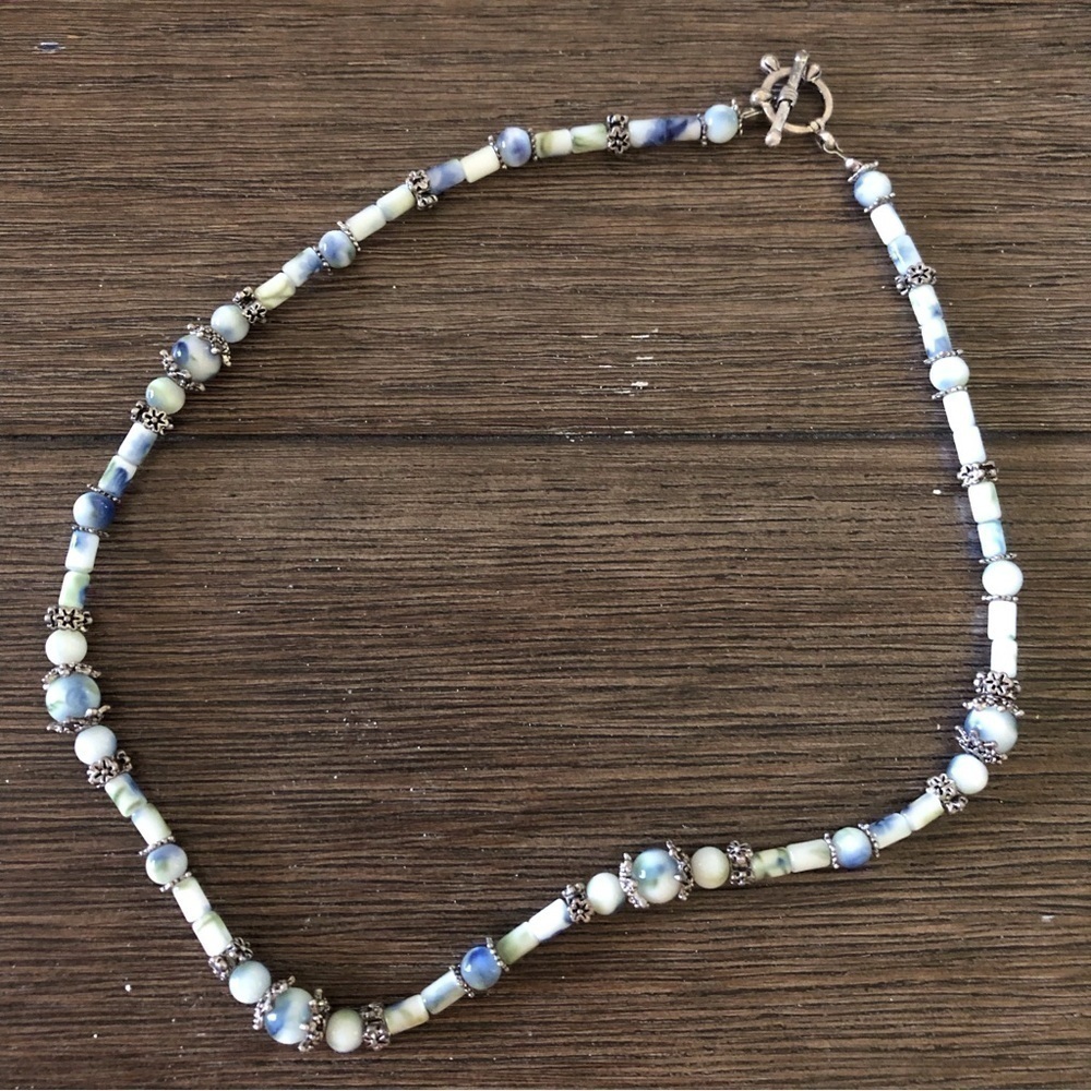 Handmade blue floral glass beads necklace